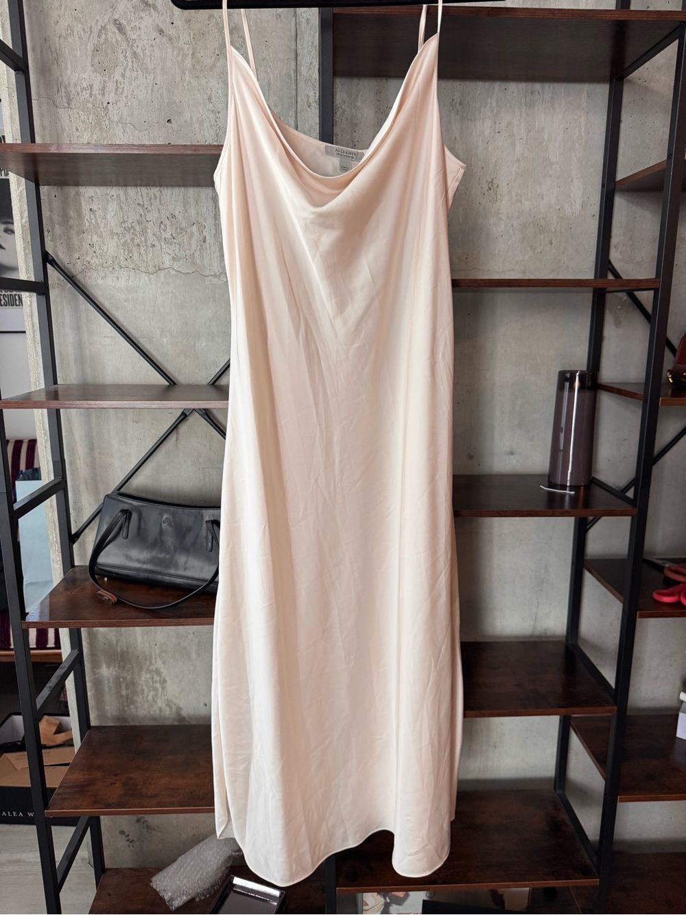 AllSaints Cream Satin Slip Dress with Cowl Neck Size 10